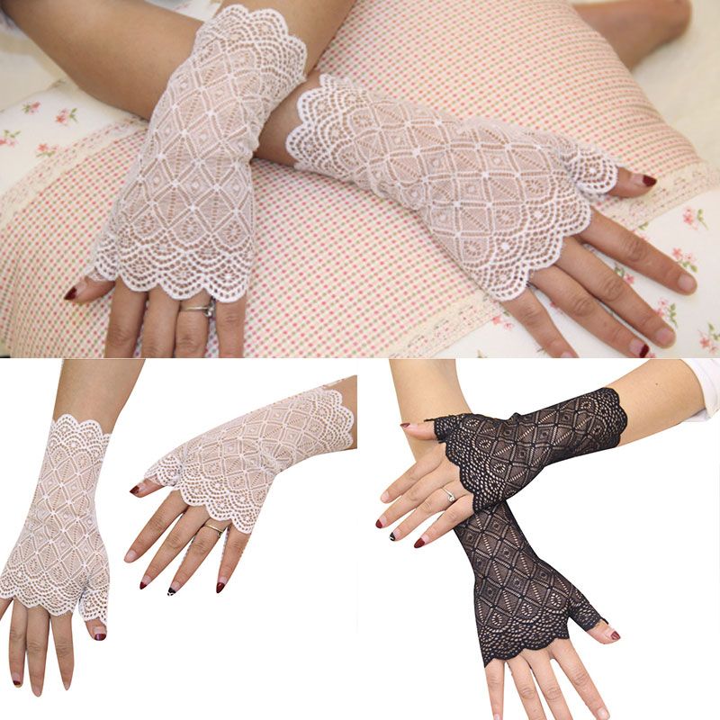 Warm Lace Hand Black Cotton Fingerless Long Gloves For Wome