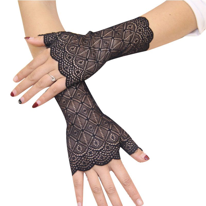 Warm Lace Hand Black Cotton Fingerless Long Gloves For Wome