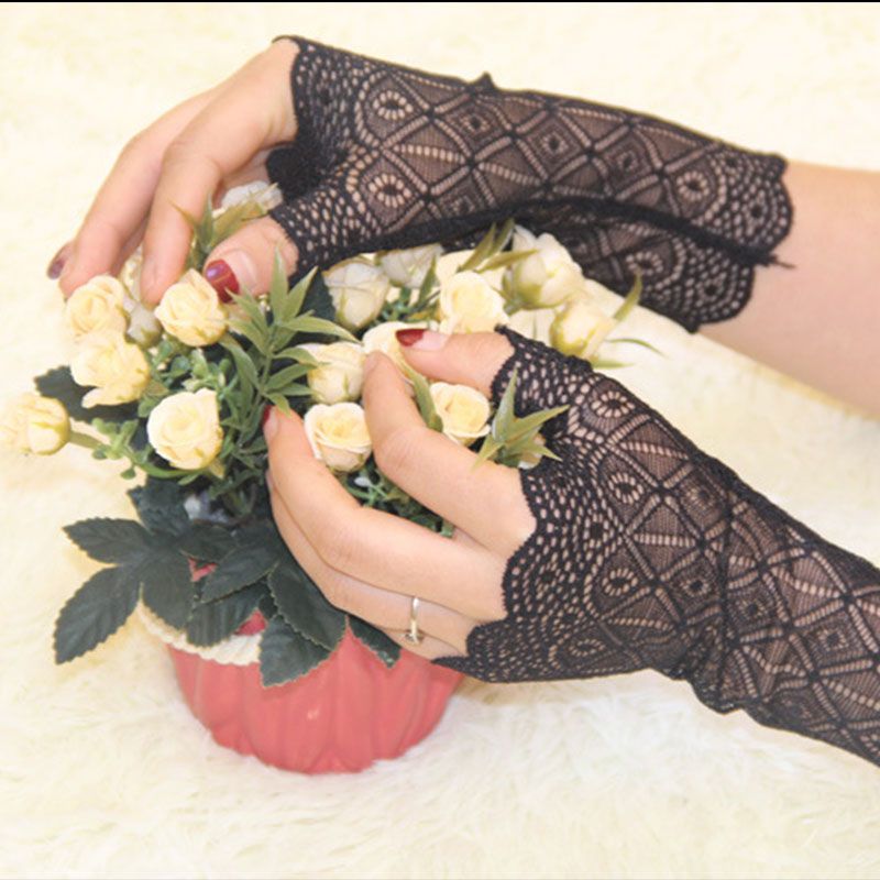 Warm Lace Hand Black Cotton Fingerless Long Gloves For Wome