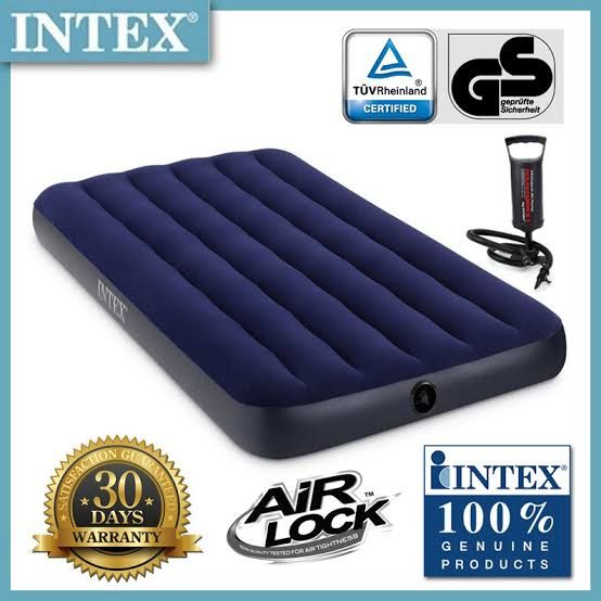 Single Person Air Mattress-Blue + Pump+ Pillow-Blue.
