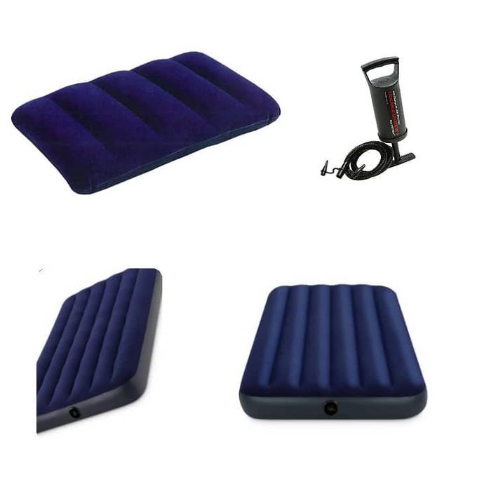 Single Person Air Mattress-Blue + Pump+ Pillow-Blue.