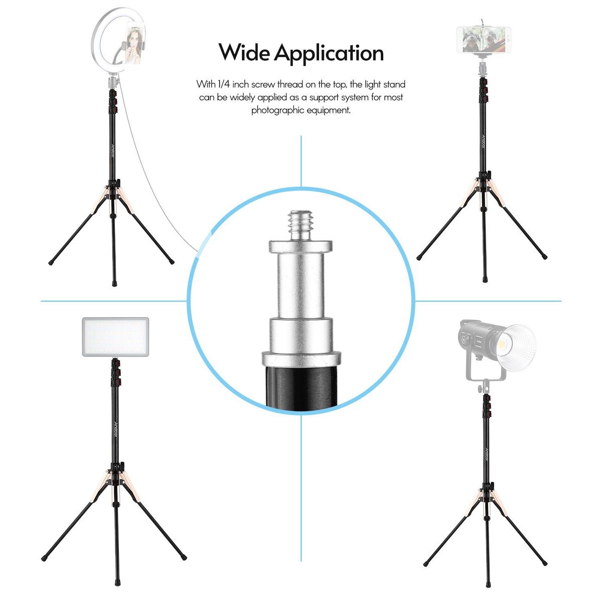 Andoer 190cm/74.8 Inch Portable Aluminum Alloy Photography Light Stand Reverse Folding Leg Stand 3-Section Flip Locks Design with 1/4 Inch Screw Thread for Ring Light Softbox Flash Light Reflector