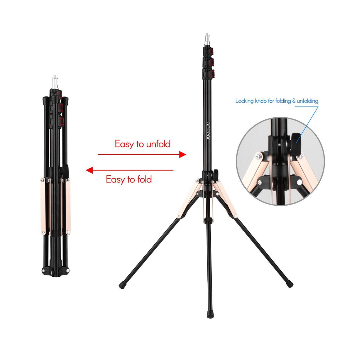 Andoer 190cm/74.8 Inch Portable Aluminum Alloy Photography Light Stand Reverse Folding Leg Stand 3-Section Flip Locks Design with 1/4 Inch Screw Thread for Ring Light Softbox Flash Light Reflector