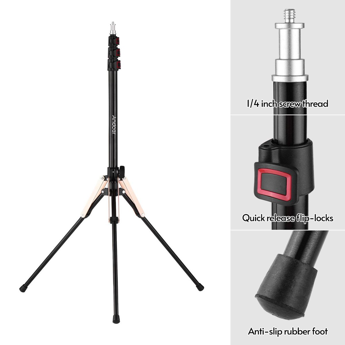 Andoer 190cm/74.8 Inch Portable Aluminum Alloy Photography Light Stand Reverse Folding Leg Stand 3-Section Flip Locks Design with 1/4 Inch Screw Thread for Ring Light Softbox Flash Light Reflector