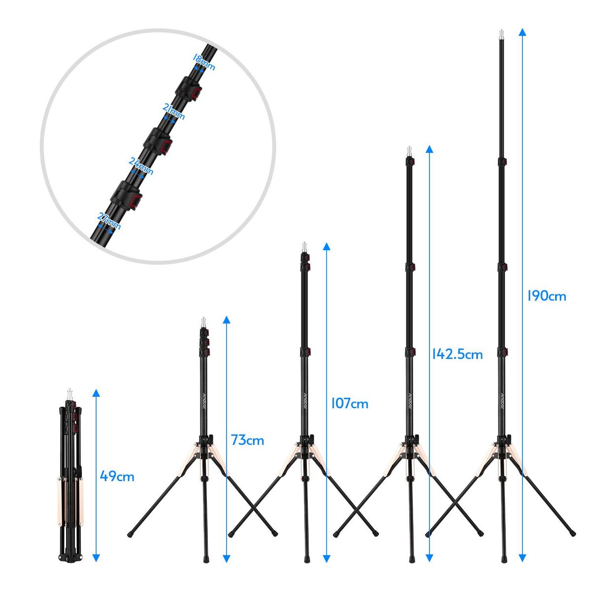 Andoer 190cm/74.8 Inch Portable Aluminum Alloy Photography Light Stand Reverse Folding Leg Stand 3-Section Flip Locks Design with 1/4 Inch Screw Thread for Ring Light Softbox Flash Light Reflector