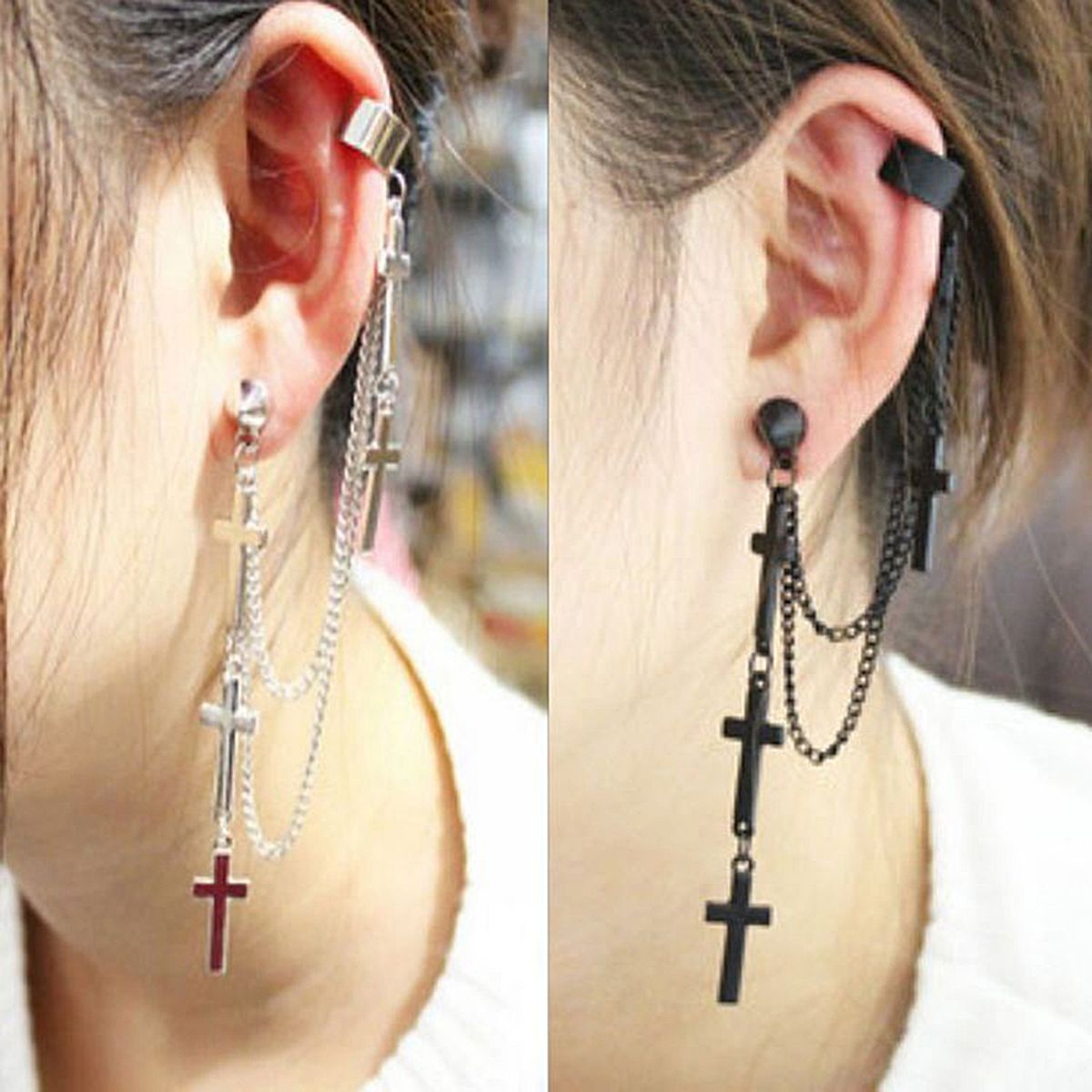 1Pc Ear Cuff Cross Dangle Versatile Alloy Women Fashion Punk Ear Crawler For Women-Black