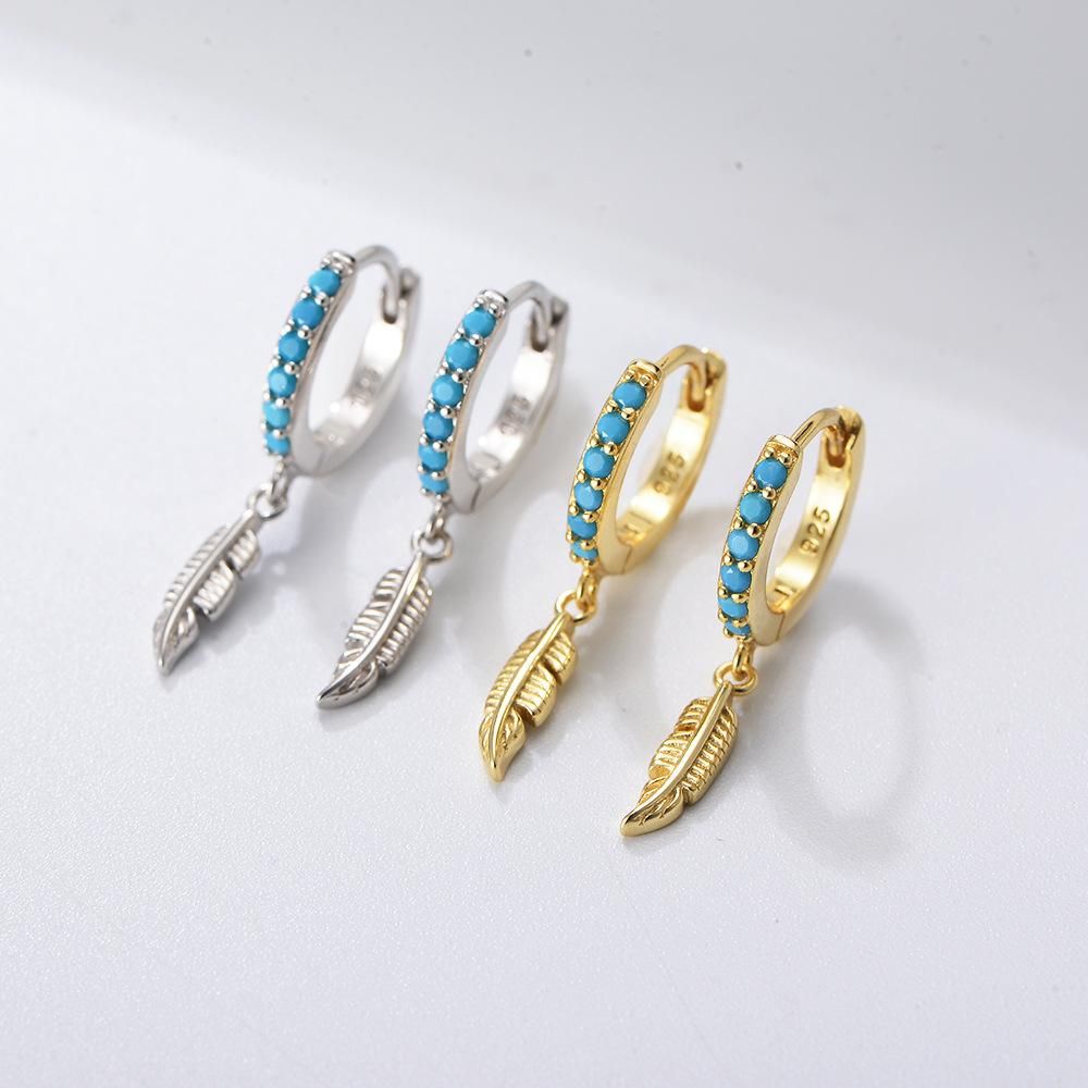 S925 Sterling Silver Turquoise Feather Earrings for Women with a Light Luxury and Advanced Sense