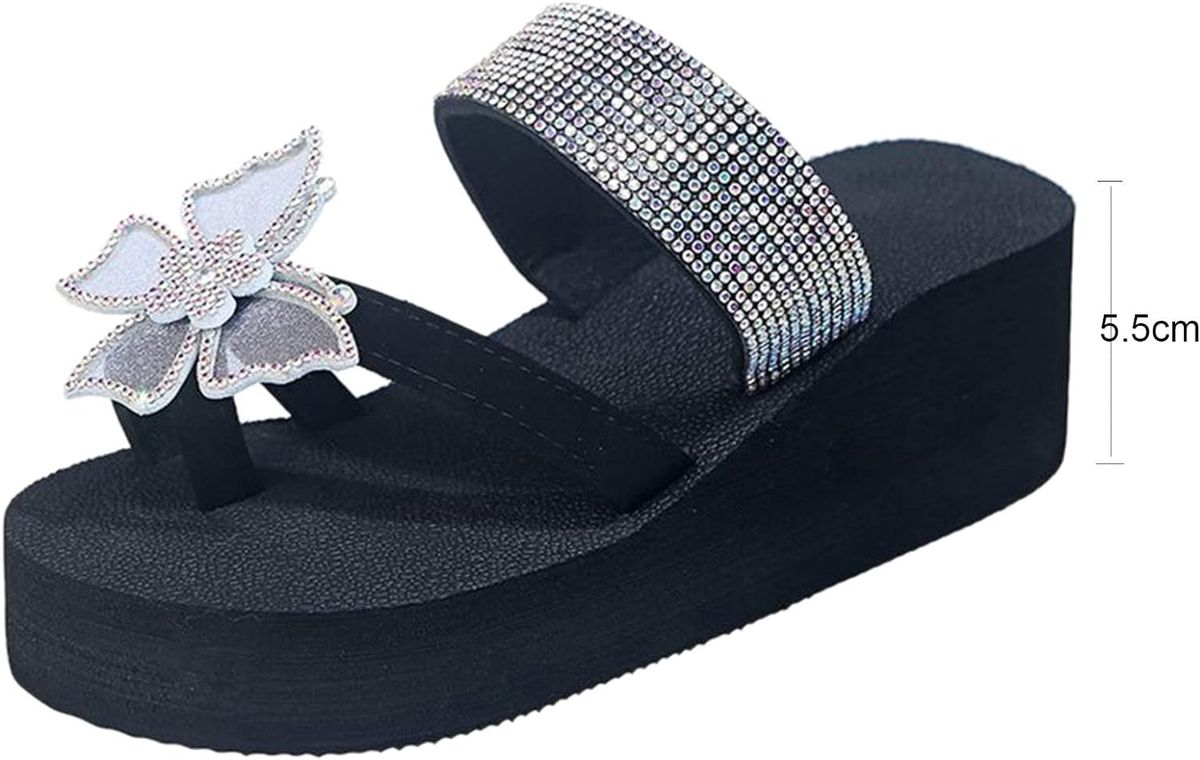 Women Summer Ring Toe Slippers Butterfly Crystal Flower Platform Thick Sole Light Slides Fashion Outdoor Sandals Shoes Ladies