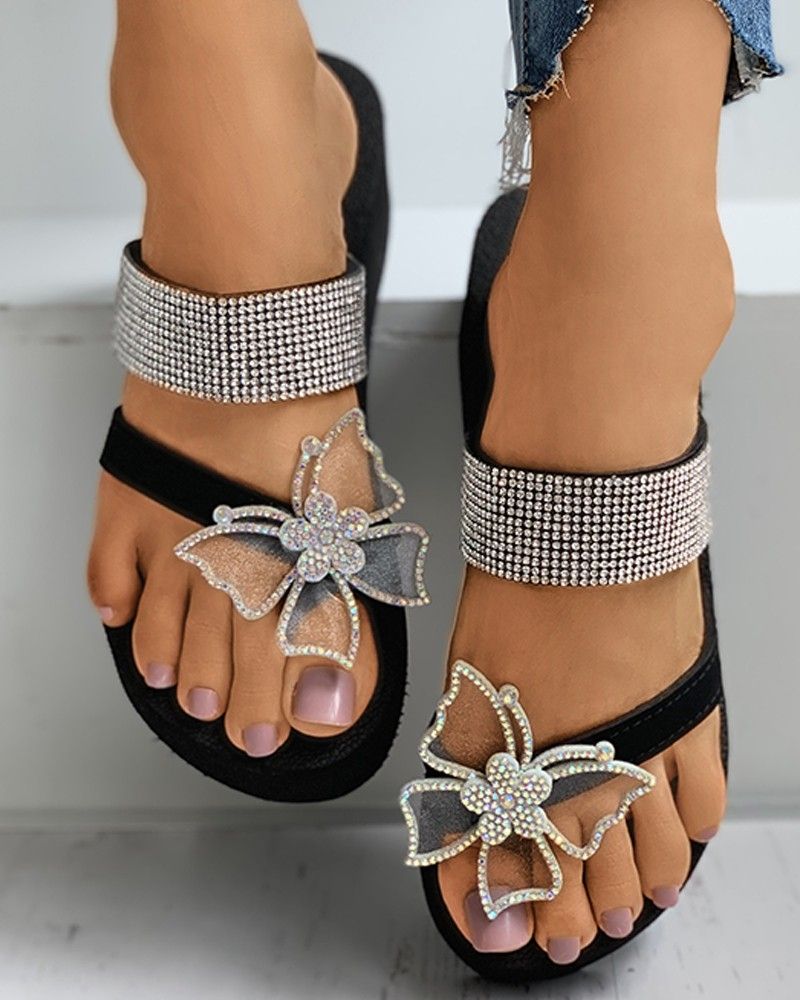 Women Summer Ring Toe Slippers Butterfly Crystal Flower Platform Thick Sole Light Slides Fashion Outdoor Sandals Shoes Ladies