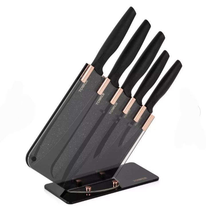 Rose Gold 5 Piece Knife Set With Acrylic Storage Stand