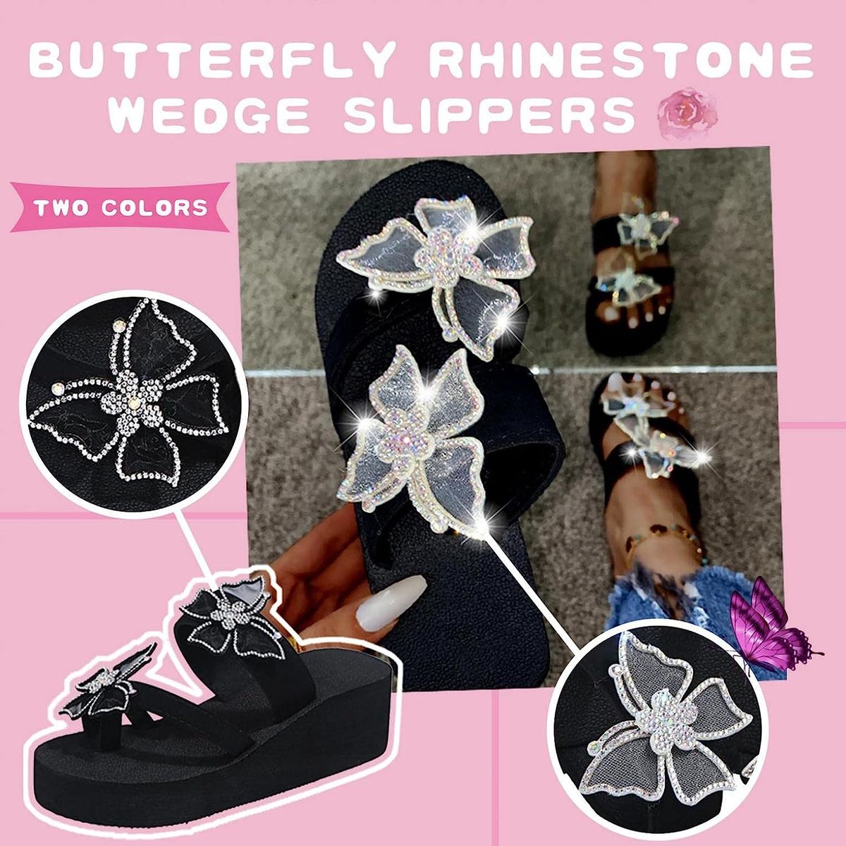 Women's Sandals Summer Slippers Women Rhinestone Butterfly Shoes Open Toe Ladies Fashion Comfortable Elegant Platform Shoes
