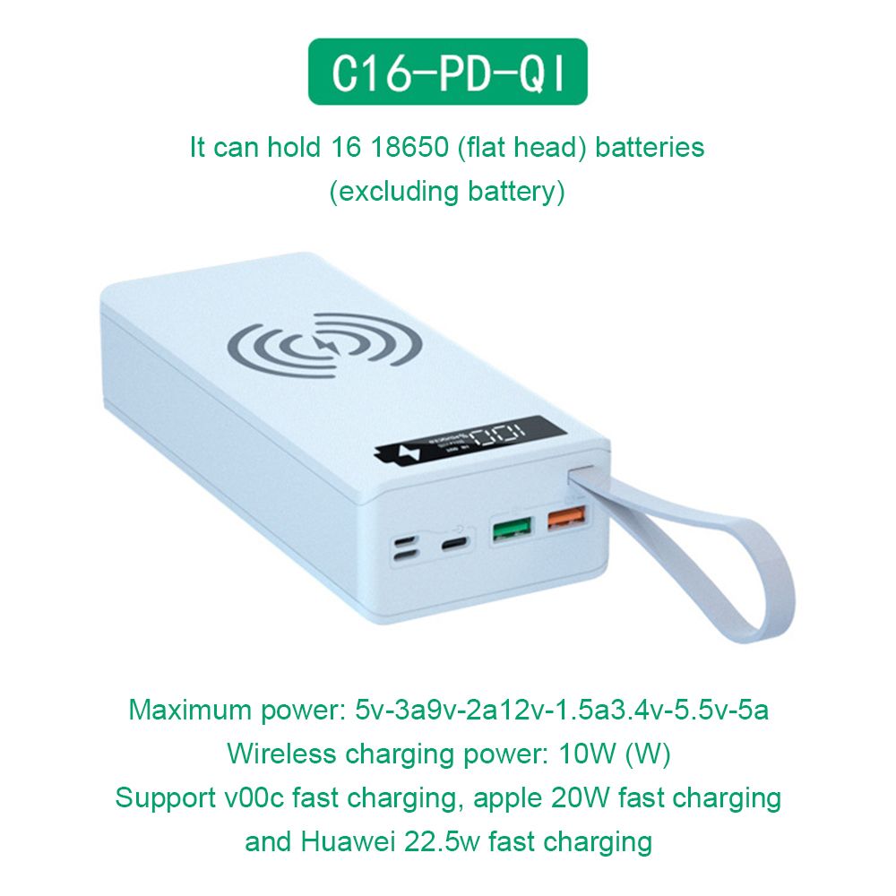 16*18650 Battery Storage Box PD QC3.0 USB 10W Fast Wireless Charging Power Welding Free Bank Case 18650 Battery Holder Box-Quick Wireless