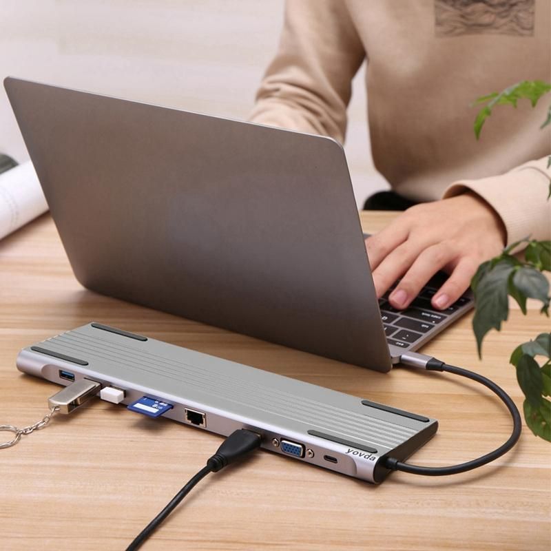 USB C Hub Adapter 10-In-1 USB C Hub 4K HDMI 3 USB 3.0 Ports 60W PD Charging Docking Station SD TF Slots for Laptop