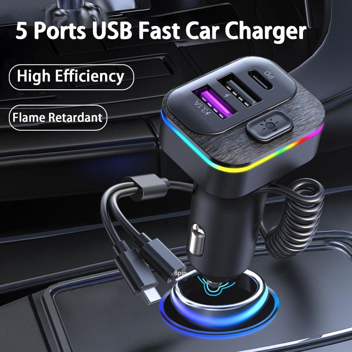 Car USB Charger Fast Car Charger with 5 Ports Black
