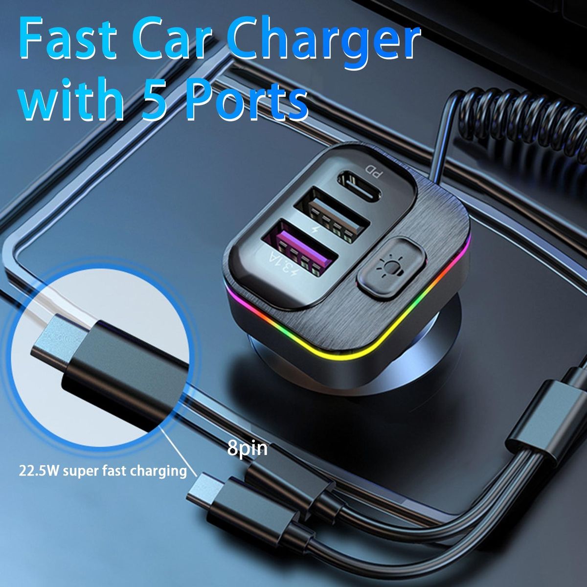 Car USB Charger Fast Car Charger with 5 Ports Black