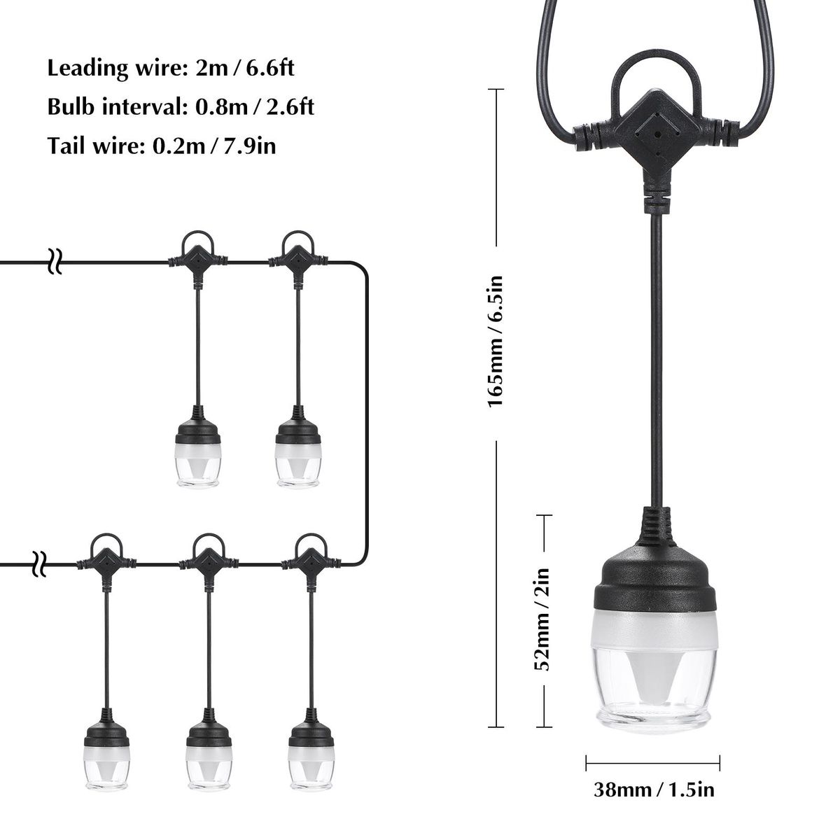LEDs String Light with 12pcs Shatterproof Light Bulbs Transparent Lampshade 2700k Warm Lighting 8 Lighting Modes IP65 Water-resistant 38FT Hang-ing Light for Patio Cafe Garden Halloween/Xmas Decor