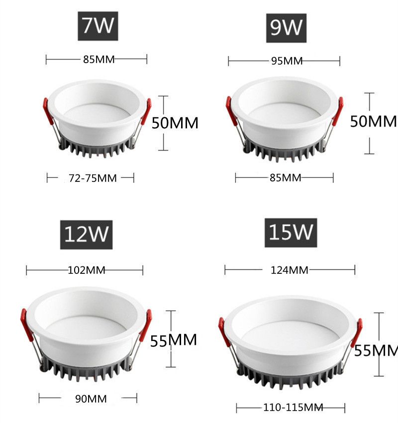 Recessed Anti Glare LED Downlight 7W/9W/12W/15W Ceiling Spot Lights Background Lamp Indoor Lighting