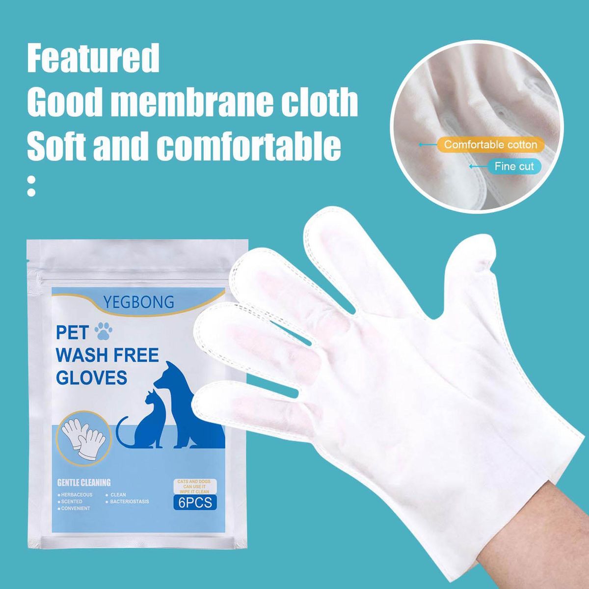 YEGBONG 6Pcs Pet Wash Free Hands Wear Herbal Disposable Pet Spa Wipes Hands Wear Gentle Scrubbing