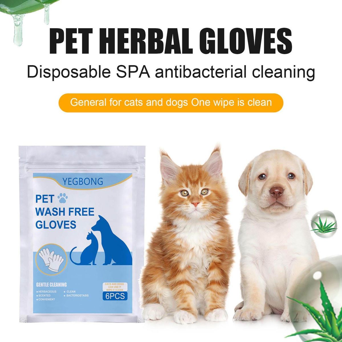 YEGBONG 6Pcs Pet Wash Free Hands Wear Herbal Disposable Pet Spa Wipes Hands Wear Gentle Scrubbing