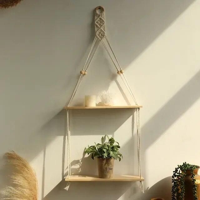 Wood Wall Sh Macrame Floating Display Shelves Hanging Wall Plant Corner Holder Stand For Room Decor Boho Home Decoration