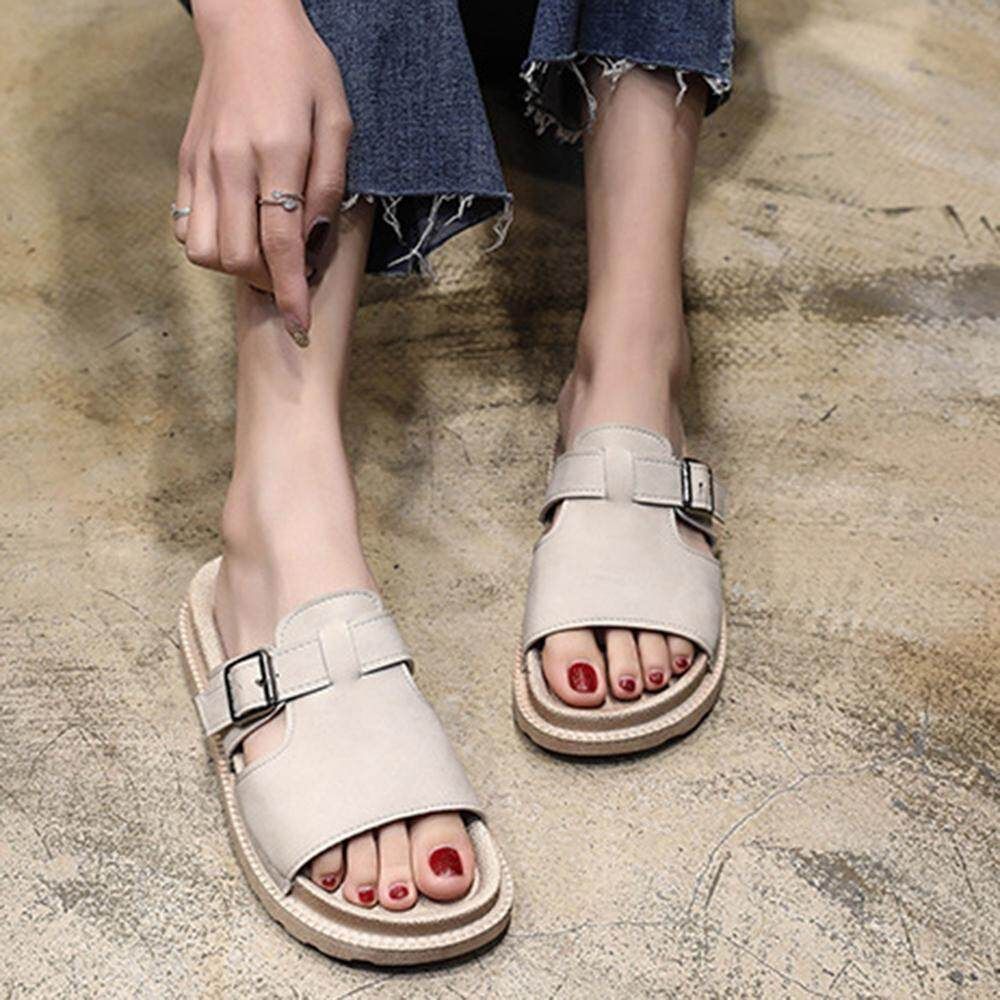 Belt Buckle Flat Slippers Women 2019 Summer New Style Flip-flops Women Thick Bottom Outside Wear Fashionable Comfortable Beach Sandals Beige {40}