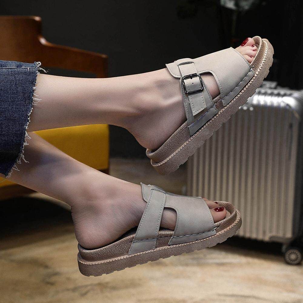 Belt Buckle Flat Slippers Women 2019 Summer New Style Flip-flops Women Thick Bottom Outside Wear Fashionable Comfortable Beach Sandals Beige {40}