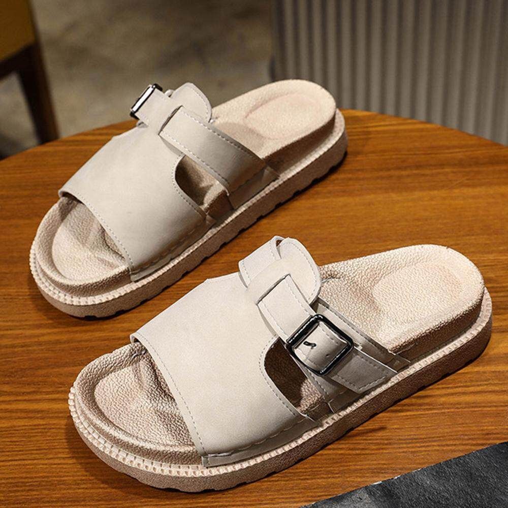 Belt Buckle Flat Slippers Women 2019 Summer New Style Flip-flops Women Thick Bottom Outside Wear Fashionable Comfortable Beach Sandals Beige {40}