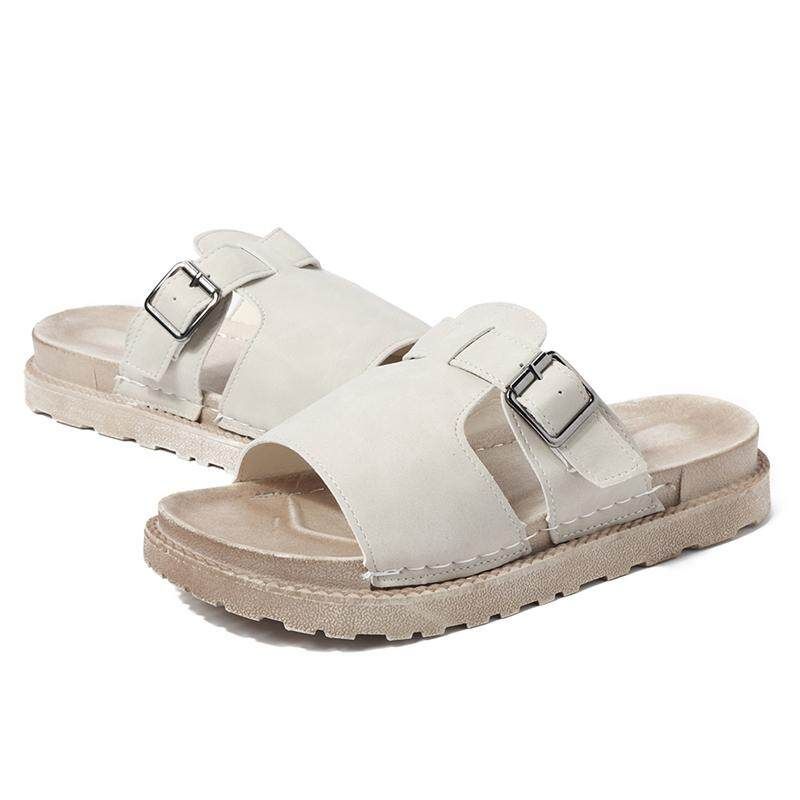 Belt Buckle Flat Slippers Women 2019 Summer New Style Flip-flops Women Thick Bottom Outside Wear Fashionable Comfortable Beach Sandals Beige {40}
