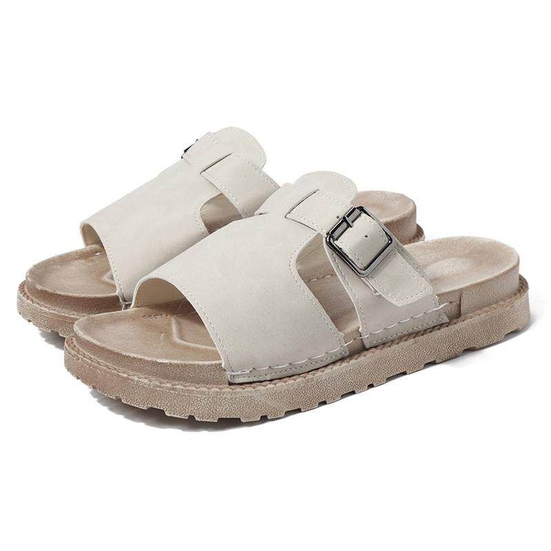 Belt Buckle Flat Slippers Women 2019 Summer New Style Flip-flops Women Thick Bottom Outside Wear Fashionable Comfortable Beach Sandals Beige {40}