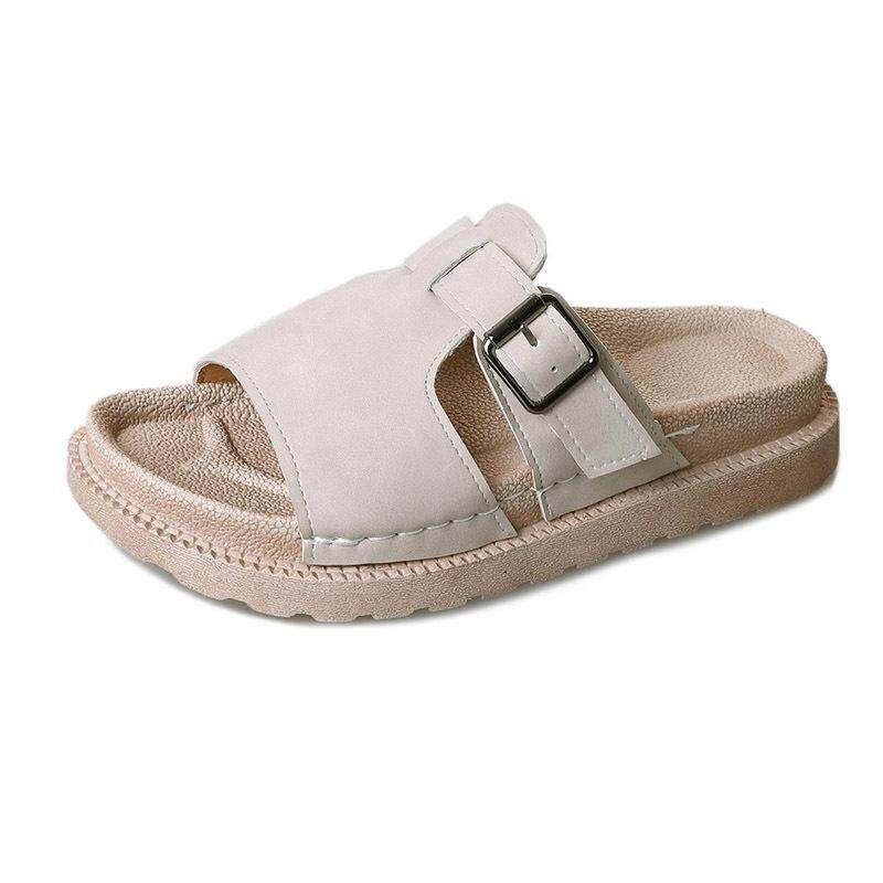 Belt Buckle Flat Slippers Women 2019 Summer New Style Flip-flops Women Thick Bottom Outside Wear Fashionable Comfortable Beach Sandals Beige {40}