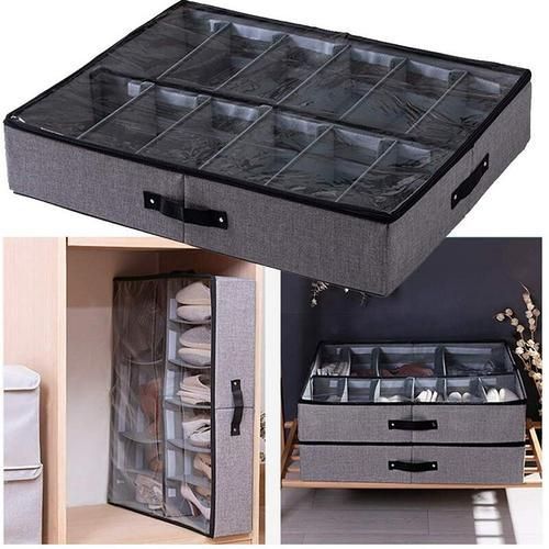 Underbed Shoe Storage Bag With Clear Lid, 12 Dividers Under Bed Shoes Tidy Organiser, Foldable Fabric Holder Closet Organizer St