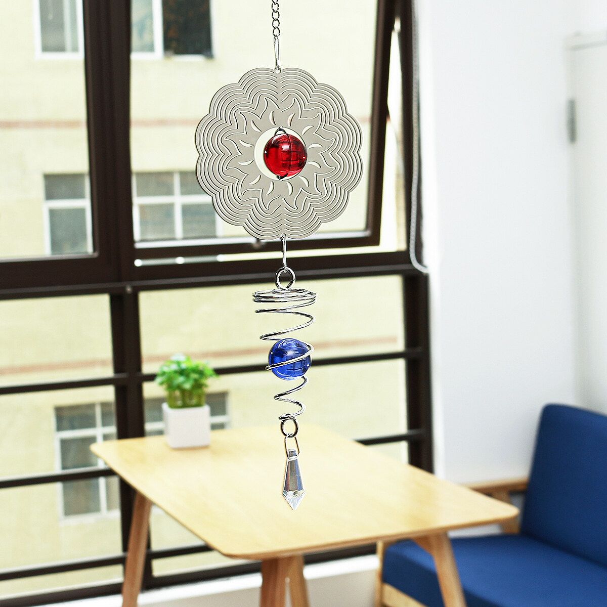3D Metal Hanging Wind Chimes Spinner Wind Chime With Spiral Tail Glass Ball Center Decorations Sun
