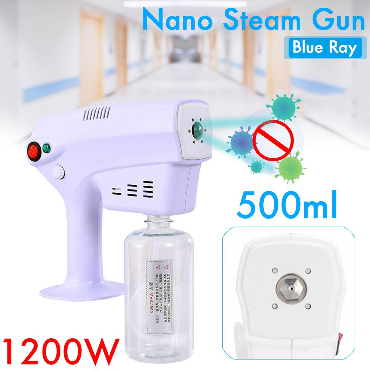 800ML/500ML Disinfection Mesh Nebulizer Machine Nebulizer Blue-Light Nano Steam Spray 1200W For Kids & Adult 500ml UK Plug