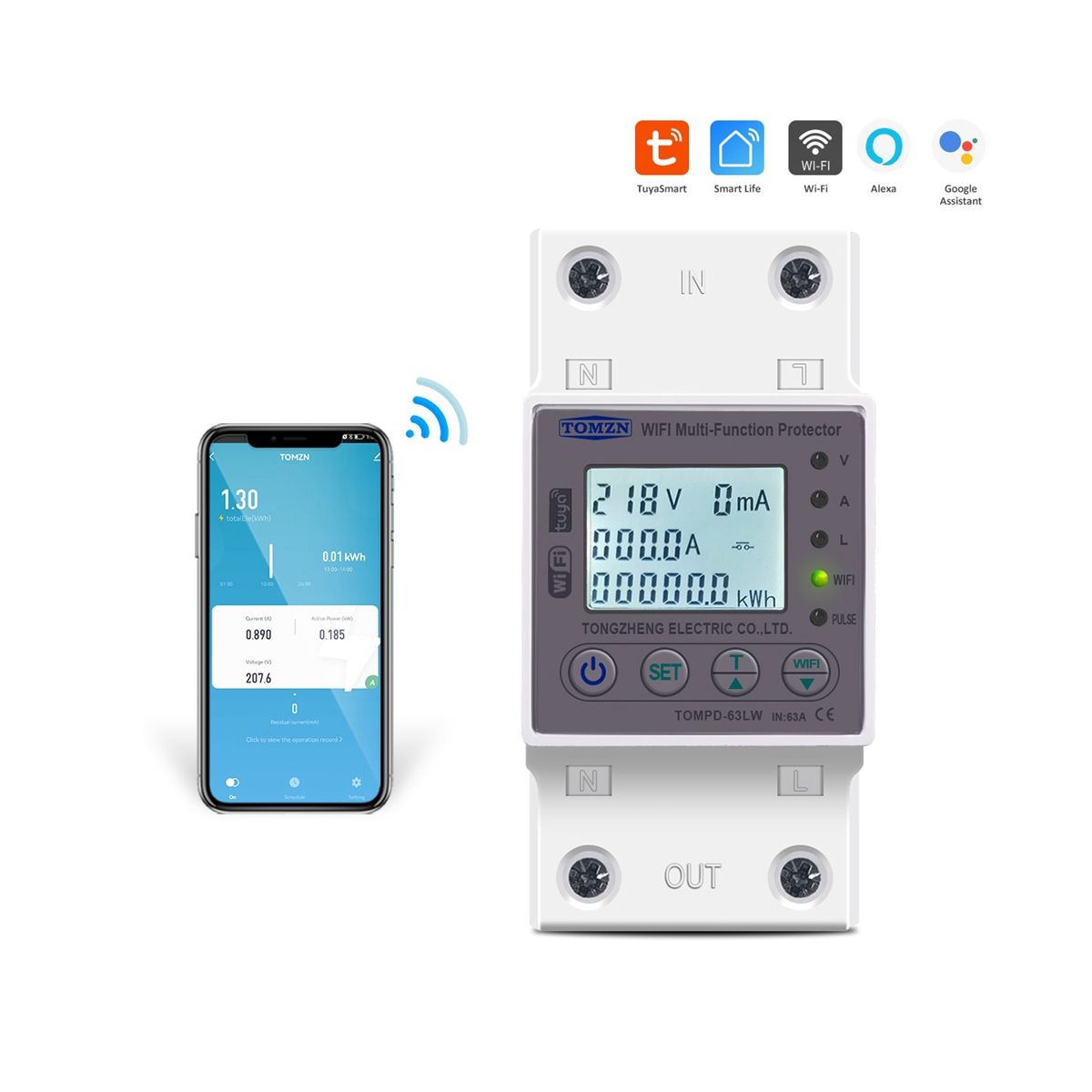 63A WIFI Smart Switch TUYA Energy Meter Kwh Metering Circuit Breaker Timer with Voltage Current and Leakage Protection