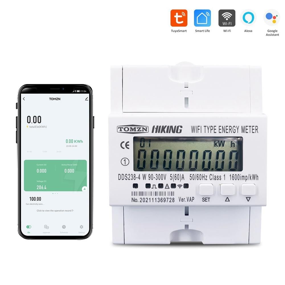 60A 90-300V TUYA Single Phase WIFI Smart Energy Meter Kwh Circuit Breaker Timer with Voltage Current Protection RS485