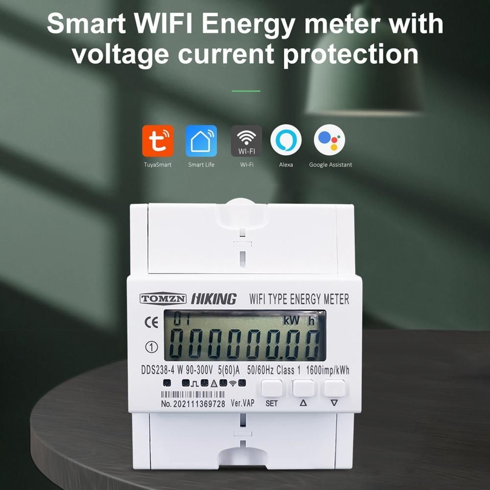 60A 90-300V TUYA Single Phase WIFI Smart Energy Meter Kwh Circuit Breaker Timer with Voltage Current Protection RS485