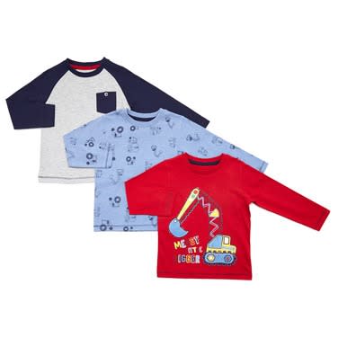 Toddler Digger Long Sleeve Top - Pack Of 3