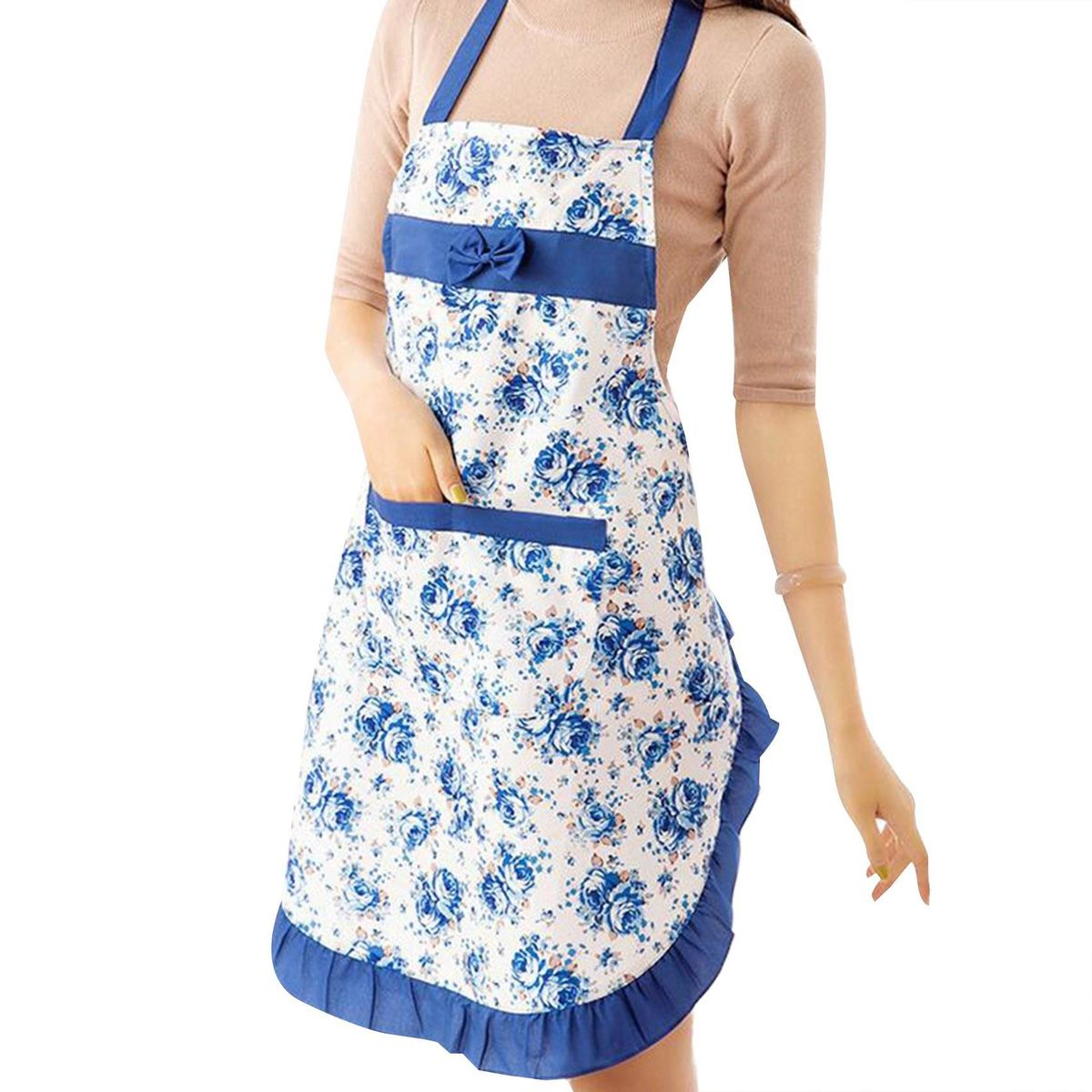 1-Pack Twill Peach-skin Velvets Bow Lace Bib Apron Floral Patterns Cooking Apron with 2 Pockets Women Housework Cleaning Apron Kitchen Apron for Chef Cooking Kitchen BBQ Baking Gifts