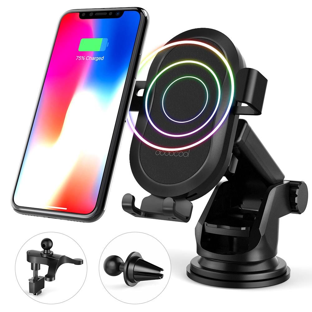dodocool 10W Fast Charge Wireless Car Charge Phone Holder with 2 Air Vent Mounts Dashboard Windshield Suction Mount 1m Micro-USB Cable for Samsung Galaxy S9+/S9/Note8/S8/S8 Plus/S7/S7 edge/Note5/S6 edge Plus/iPhone X/8 Plus/8