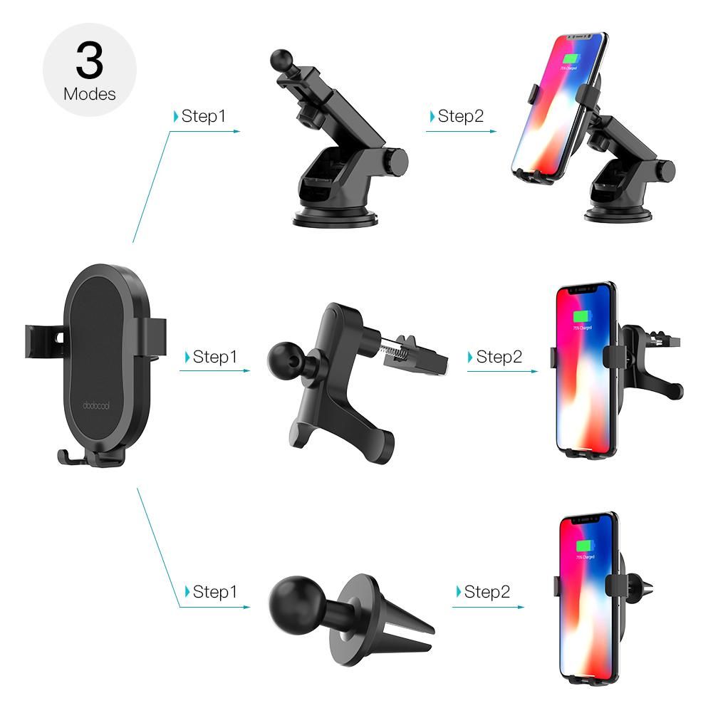 dodocool 10W Fast Charge Wireless Car Charge Phone Holder with 2 Air Vent Mounts Dashboard Windshield Suction Mount 1m Micro-USB Cable for Samsung Galaxy S9+/S9/Note8/S8/S8 Plus/S7/S7 edge/Note5/S6 edge Plus/iPhone X/8 Plus/8