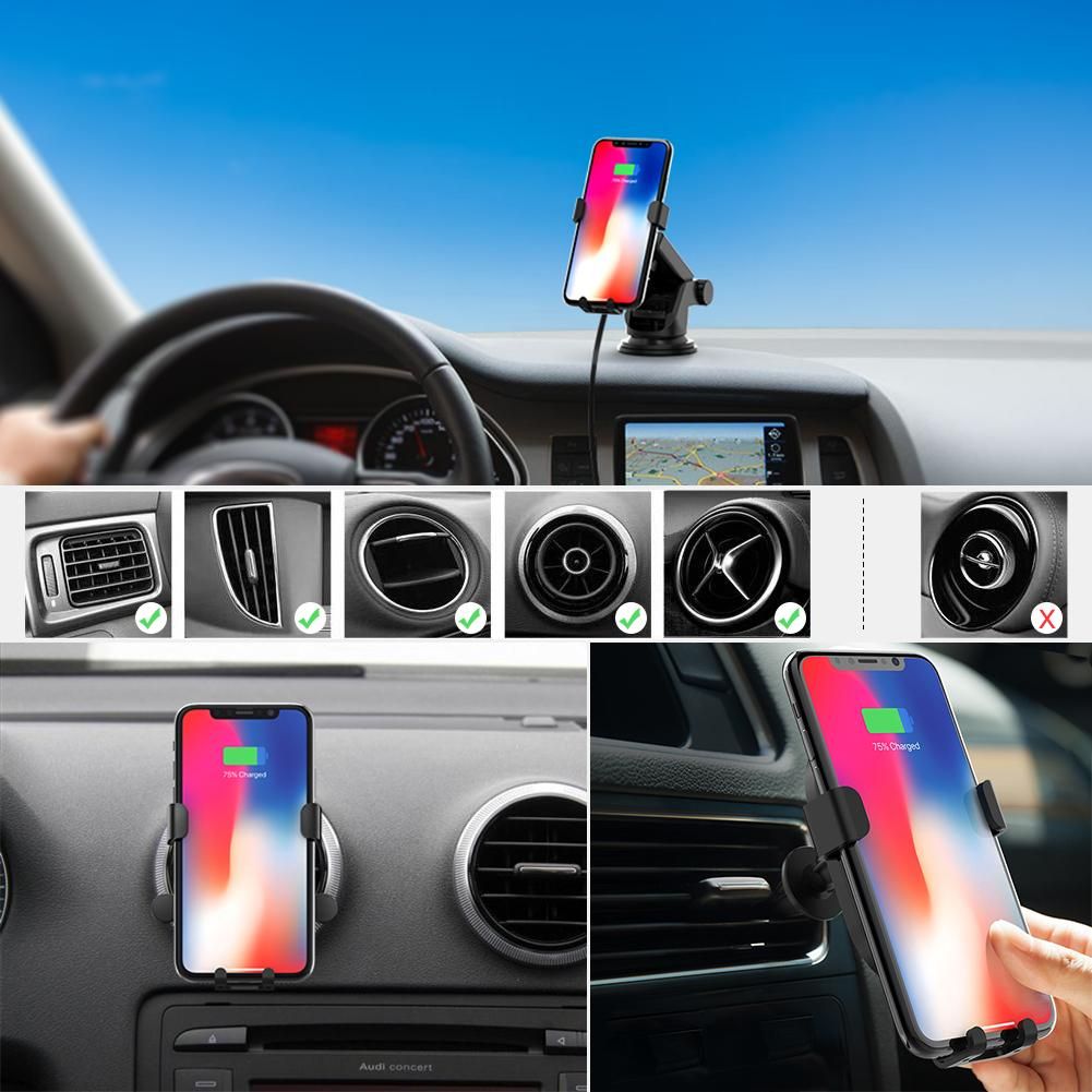 dodocool 10W Fast Charge Wireless Car Charge Phone Holder with 2 Air Vent Mounts Dashboard Windshield Suction Mount 1m Micro-USB Cable for Samsung Galaxy S9+/S9/Note8/S8/S8 Plus/S7/S7 edge/Note5/S6 edge Plus/iPhone X/8 Plus/8