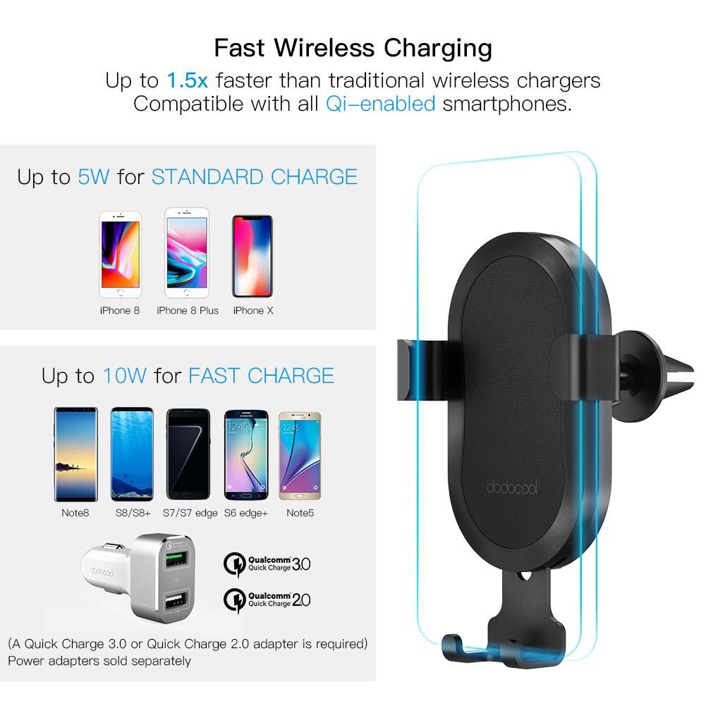 dodocool 10W Fast Charge Wireless Car Charge Phone Holder with 2 Air Vent Mounts Dashboard Windshield Suction Mount 1m Micro-USB Cable for Samsung Galaxy S9+/S9/Note8/S8/S8 Plus/S7/S7 edge/Note5/S6 edge Plus/iPhone X/8 Plus/8