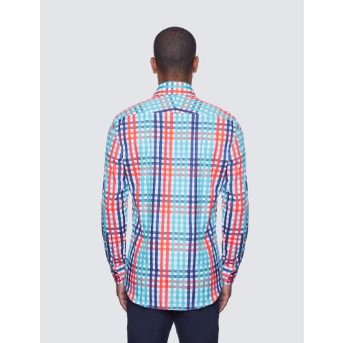 Curtis White & Navy Multi Colour Gingham Check Relaxed Slim Fit Shirt - Low Collar