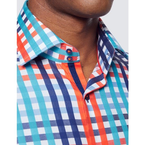 Curtis White & Navy Multi Colour Gingham Check Relaxed Slim Fit Shirt - Low Collar
