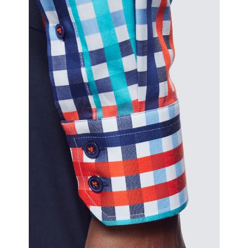 Curtis White & Navy Multi Colour Gingham Check Relaxed Slim Fit Shirt - Low Collar