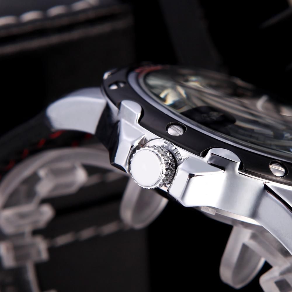 Winner Fashionable Men's Skeleton Semi Automatic Mechanical Watch with Classical Dial Design Silicone Wrist Band Black