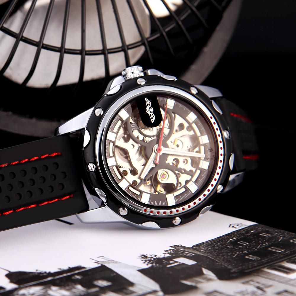 Winner Fashionable Men's Skeleton Semi Automatic Mechanical Watch with Classical Dial Design Silicone Wrist Band Black
