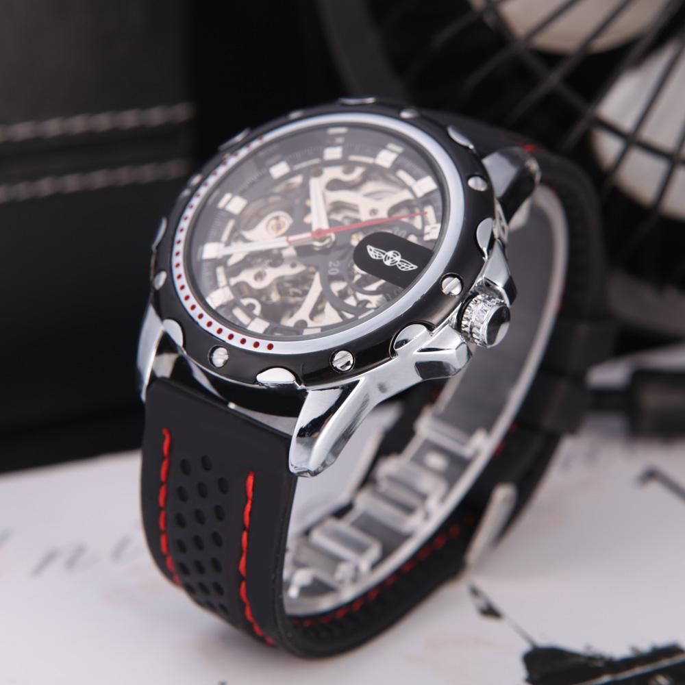 Winner Fashionable Men's Skeleton Semi Automatic Mechanical Watch with Classical Dial Design Silicone Wrist Band Black