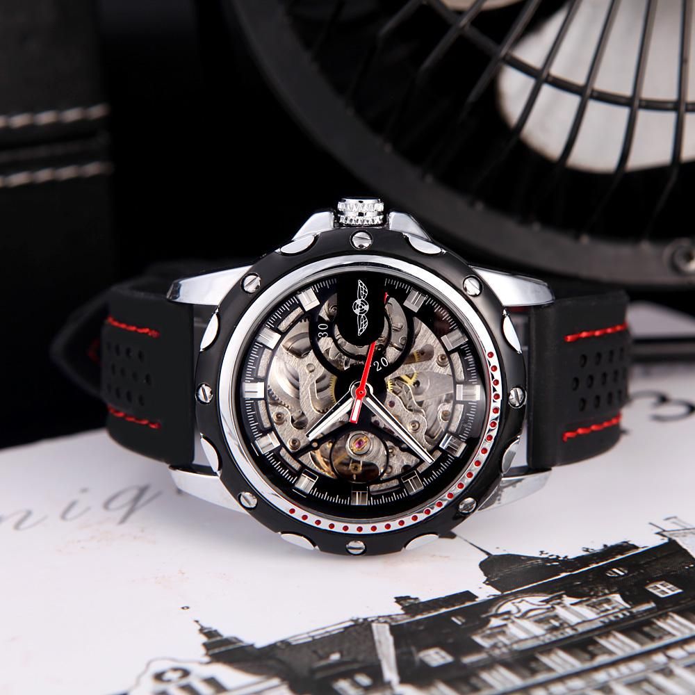 Winner Fashionable Men's Skeleton Semi Automatic Mechanical Watch with Classical Dial Design Silicone Wrist Band Black