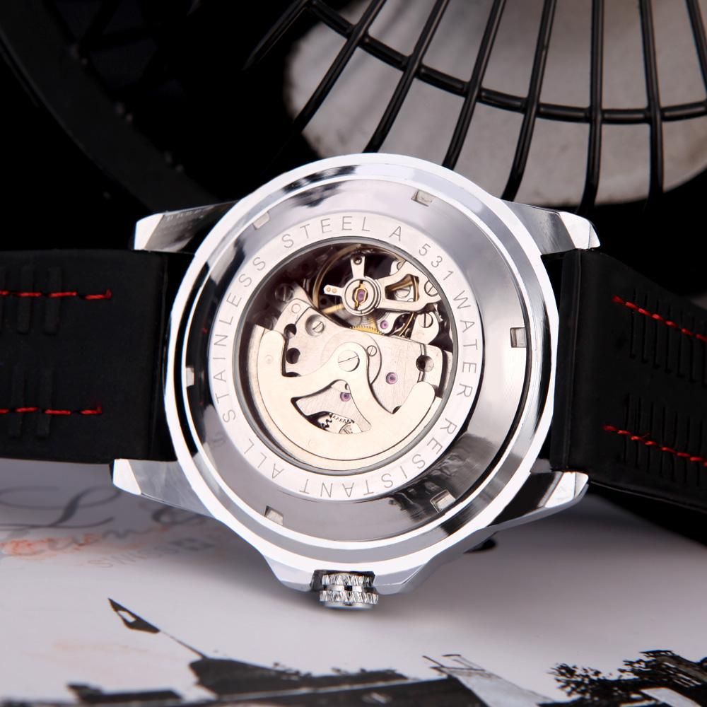 Winner Fashionable Men's Skeleton Semi Automatic Mechanical Watch with Classical Dial Design Silicone Wrist Band Black
